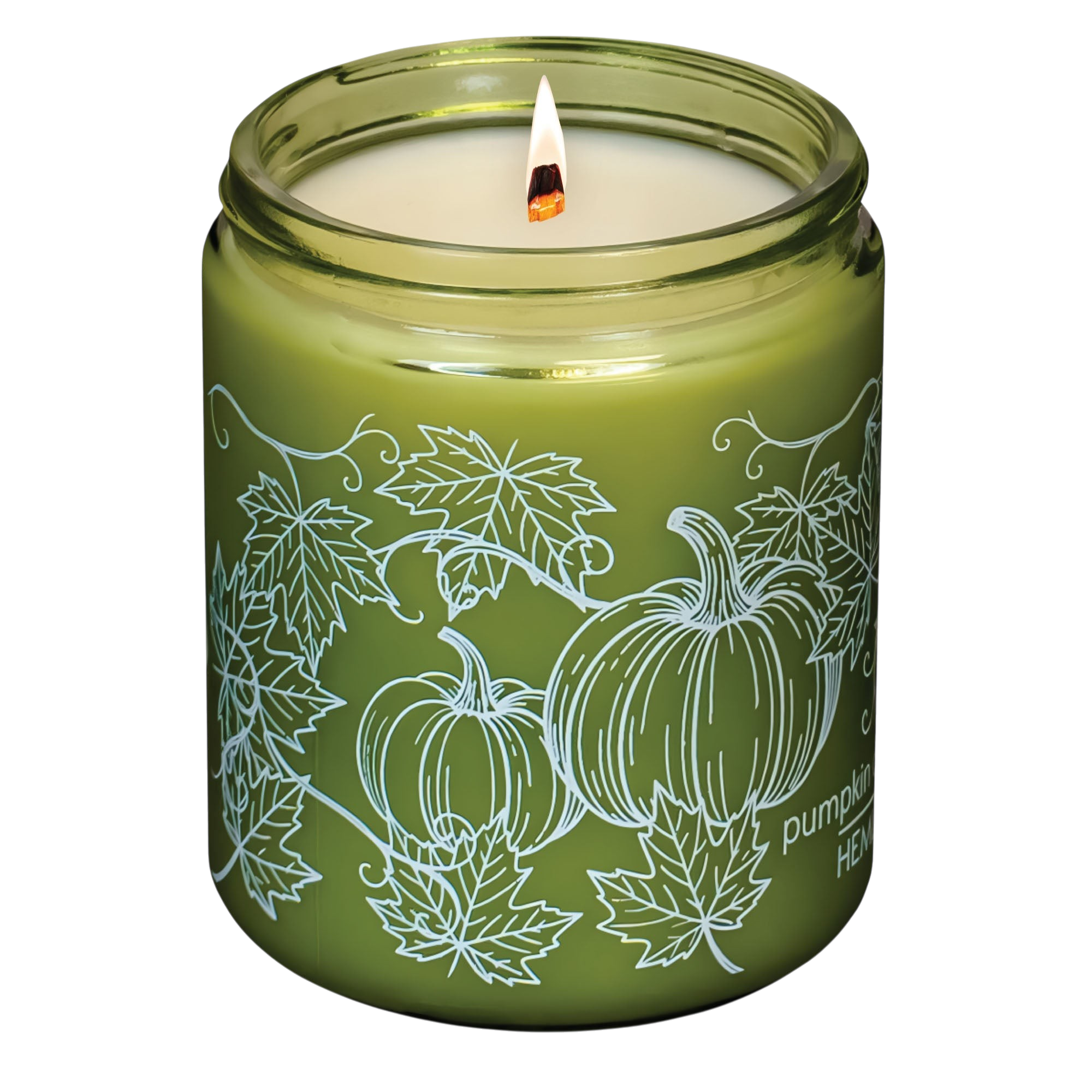 Hemlock Park Pumpkin Creme scented candle in a green glass jar with white pumpkin and vine line art illustrations.