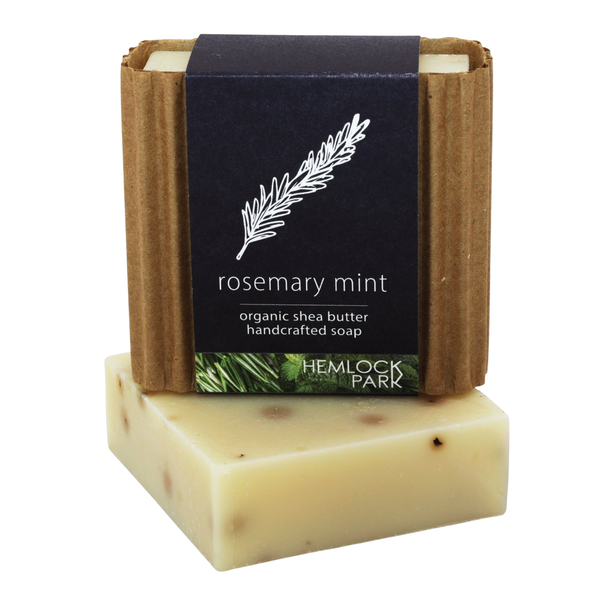 Hemlock Park rosemary mint organic shea butter handcrafted soap bar with rustic cardboard packaging