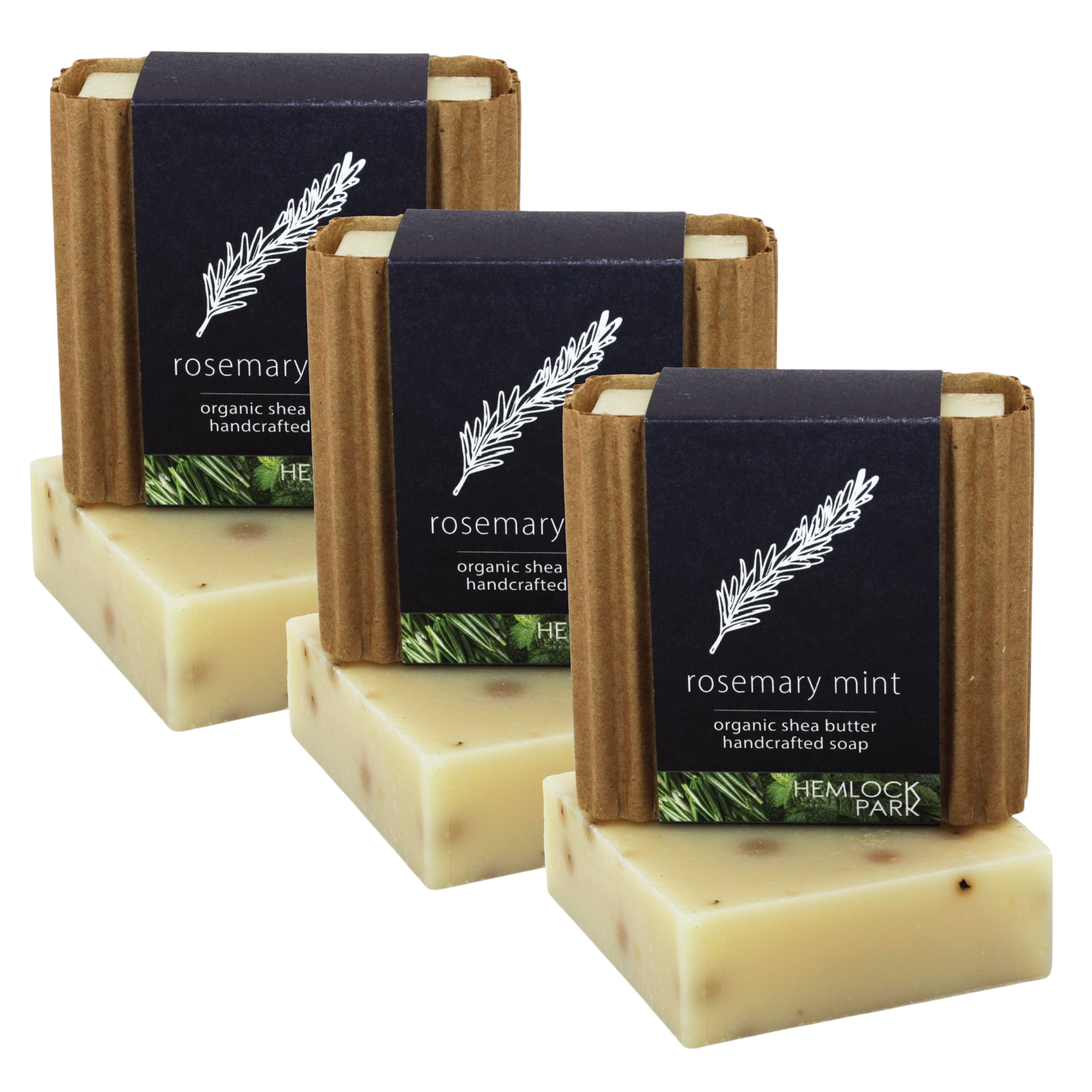 Hemlock Park rosemary mint organic shea butter handcrafted bar soap set in sustainable paper packaging