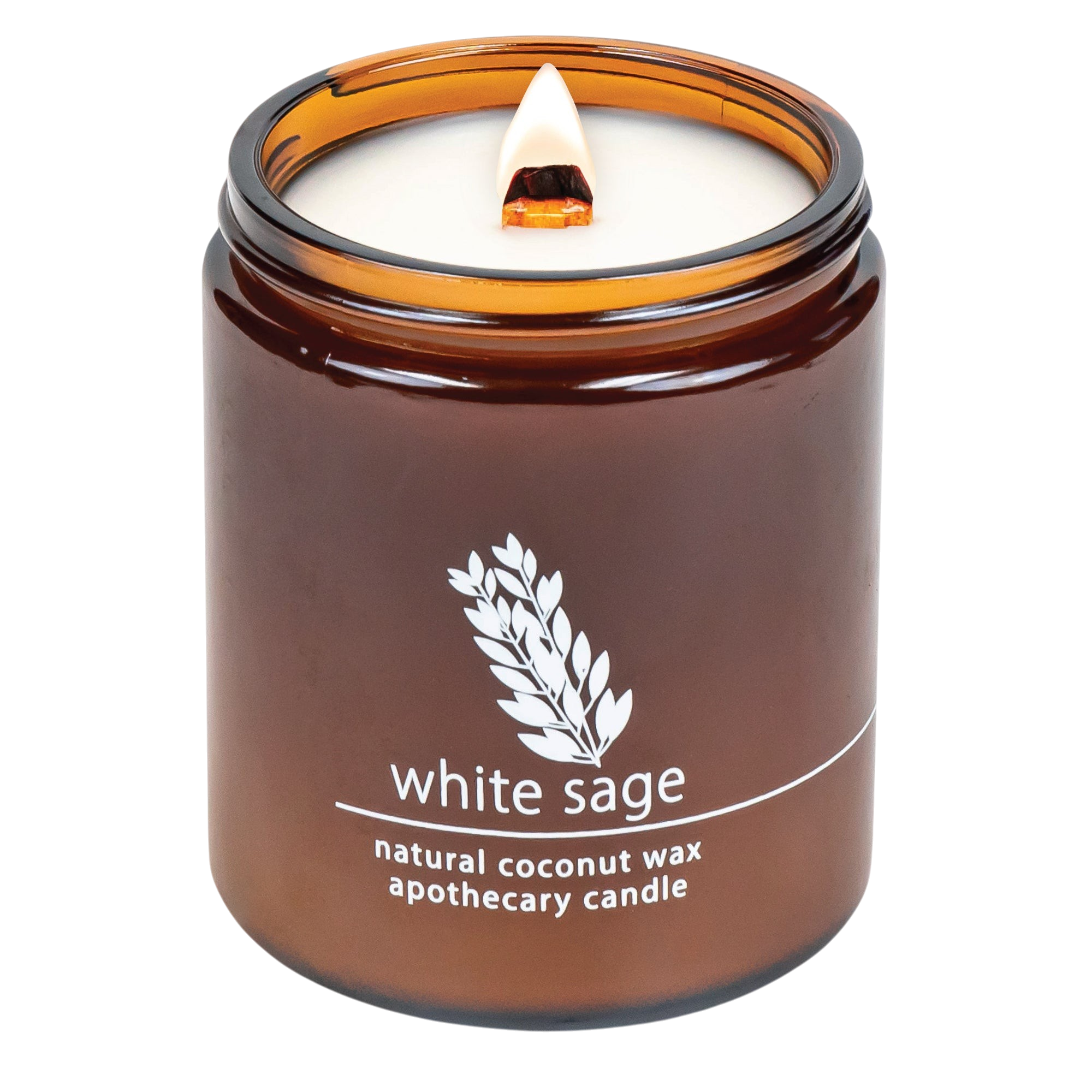 Hemlock Park white sage apothecary candle in an amber glass jar with a lit wooden wick and natural coconut wax.
