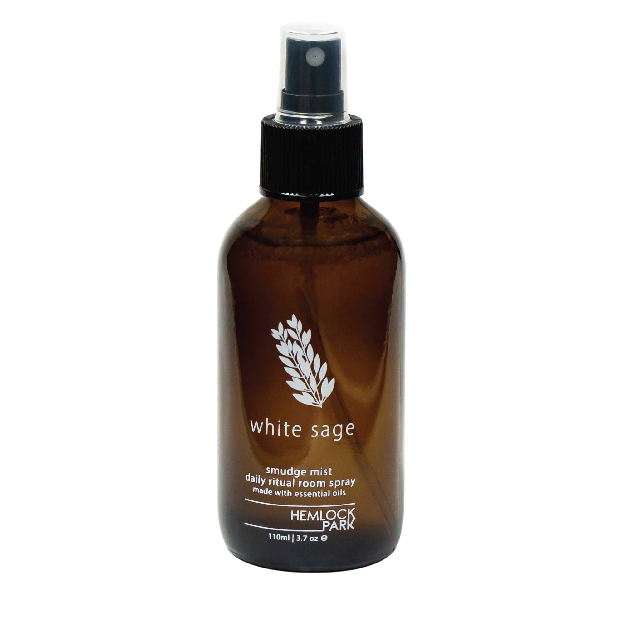 Hemlock Park Sage Smudge Mist room spray in an amber glass bottle with a black spray nozzle on a white background.