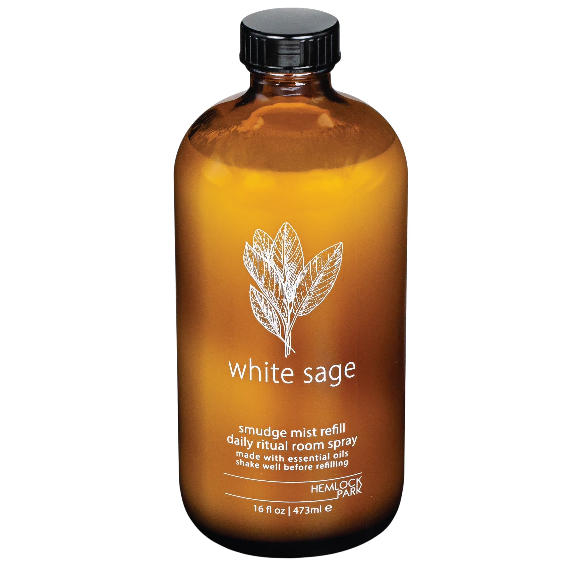 Hemlock Park white sage smudge mist room spray in an amber glass bottle with essential oils and botanical ingredients
