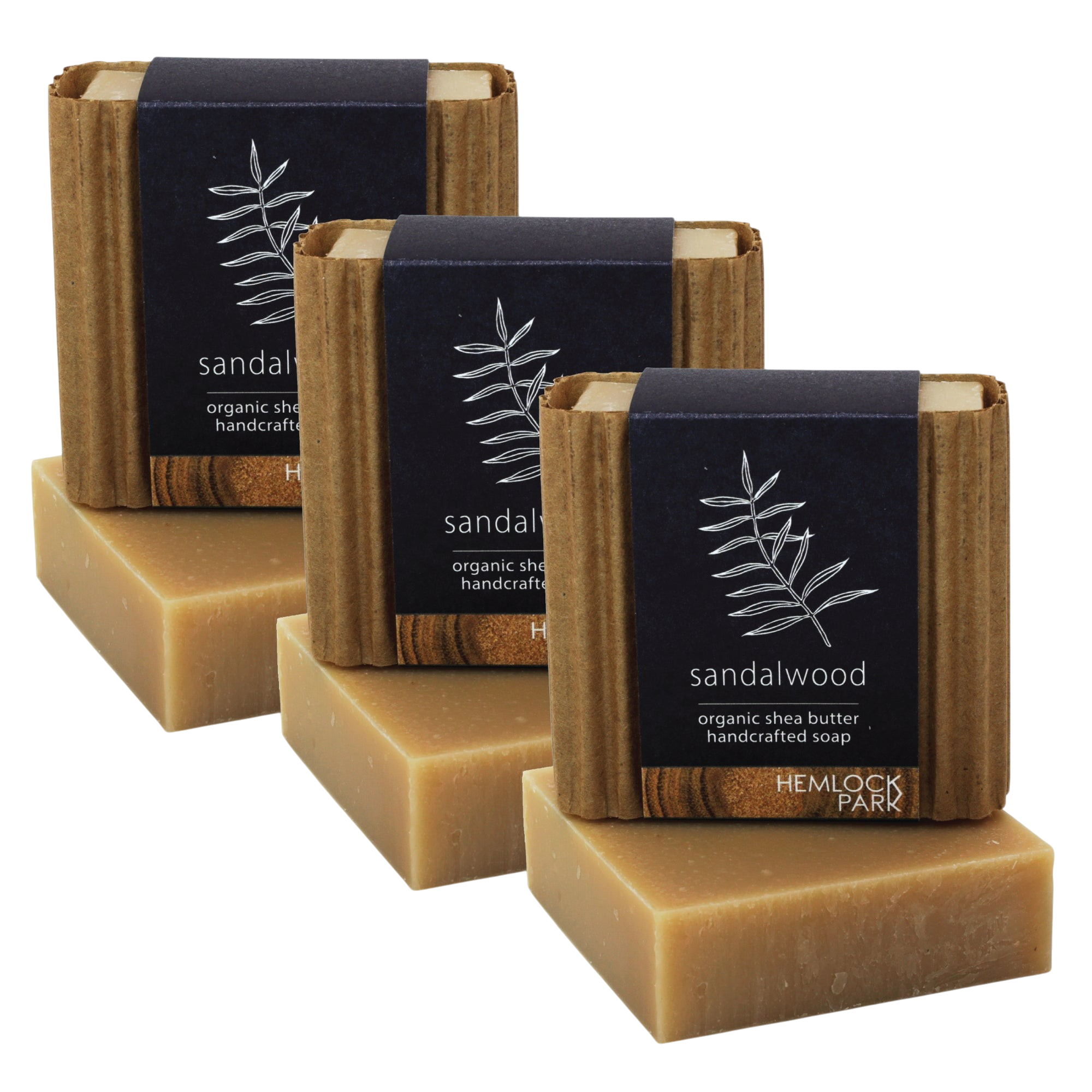 Hemlock Park sandalwood organic shea butter bar soap set with black paper labels and wood grain accents