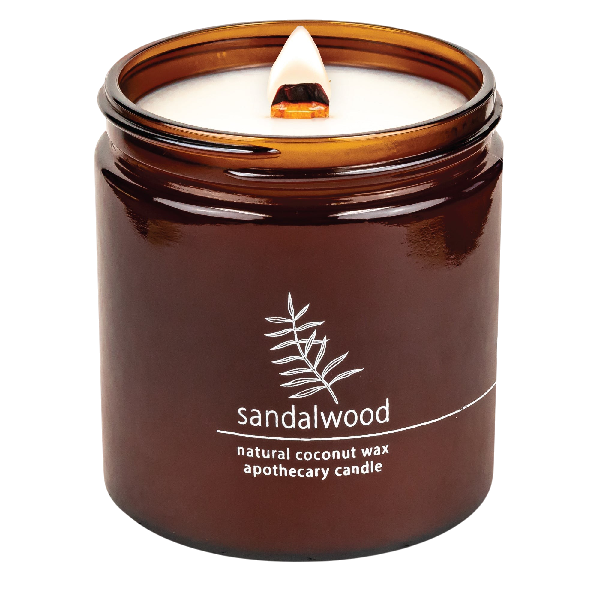 Hemlock Park sandalwood apothecary candle in an amber glass jar with a natural wooden wick and coconut wax.