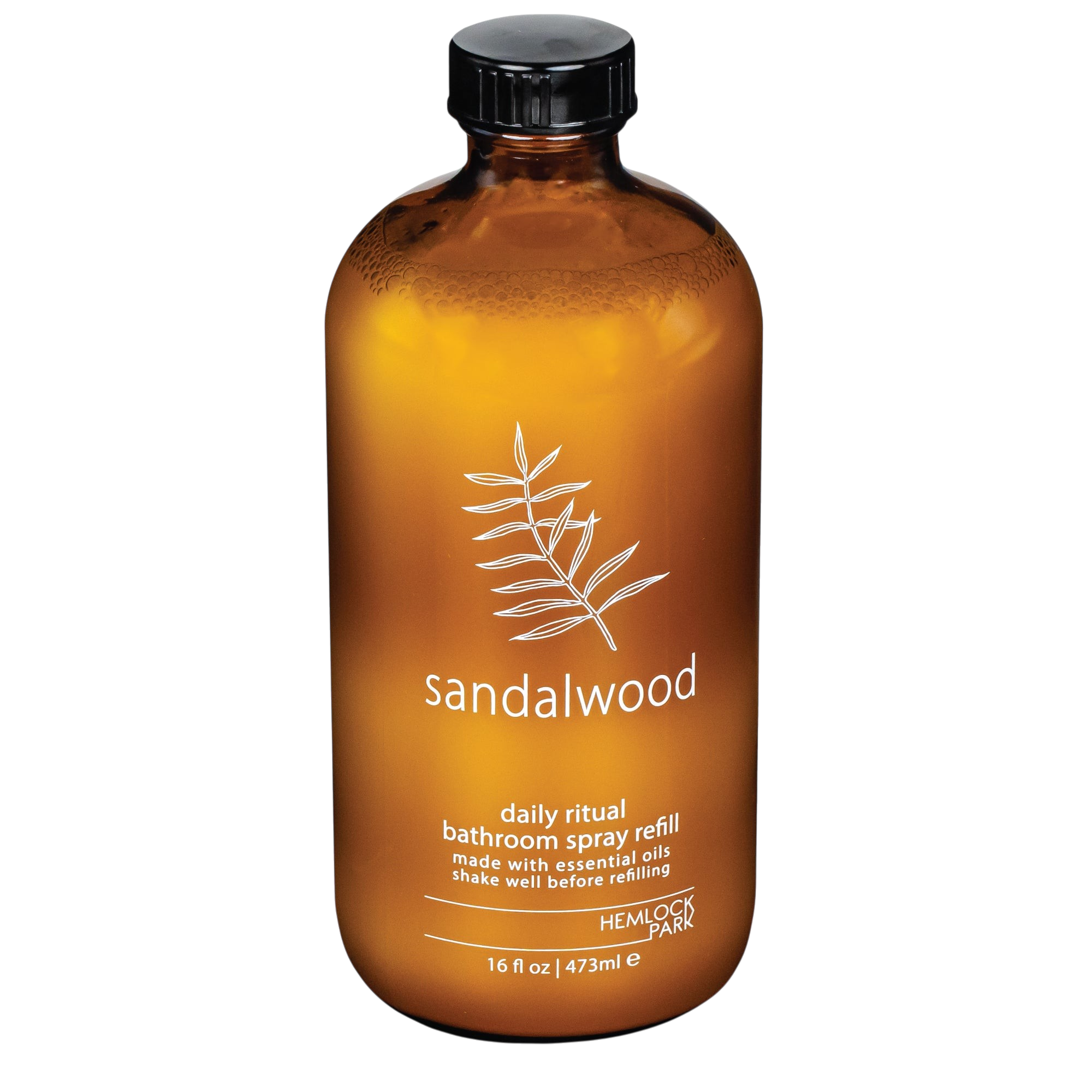 Hemlock Park sandalwood room spray in a 16 oz amber glass bottle with a black cap and botanical label design.