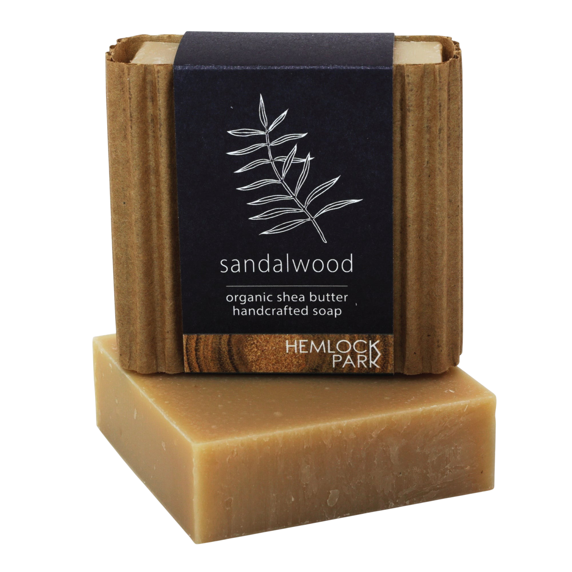 Hemlock Park sandalwood organic shea butter handcrafted soap bar with a rustic paper wrap and botanical illustration.