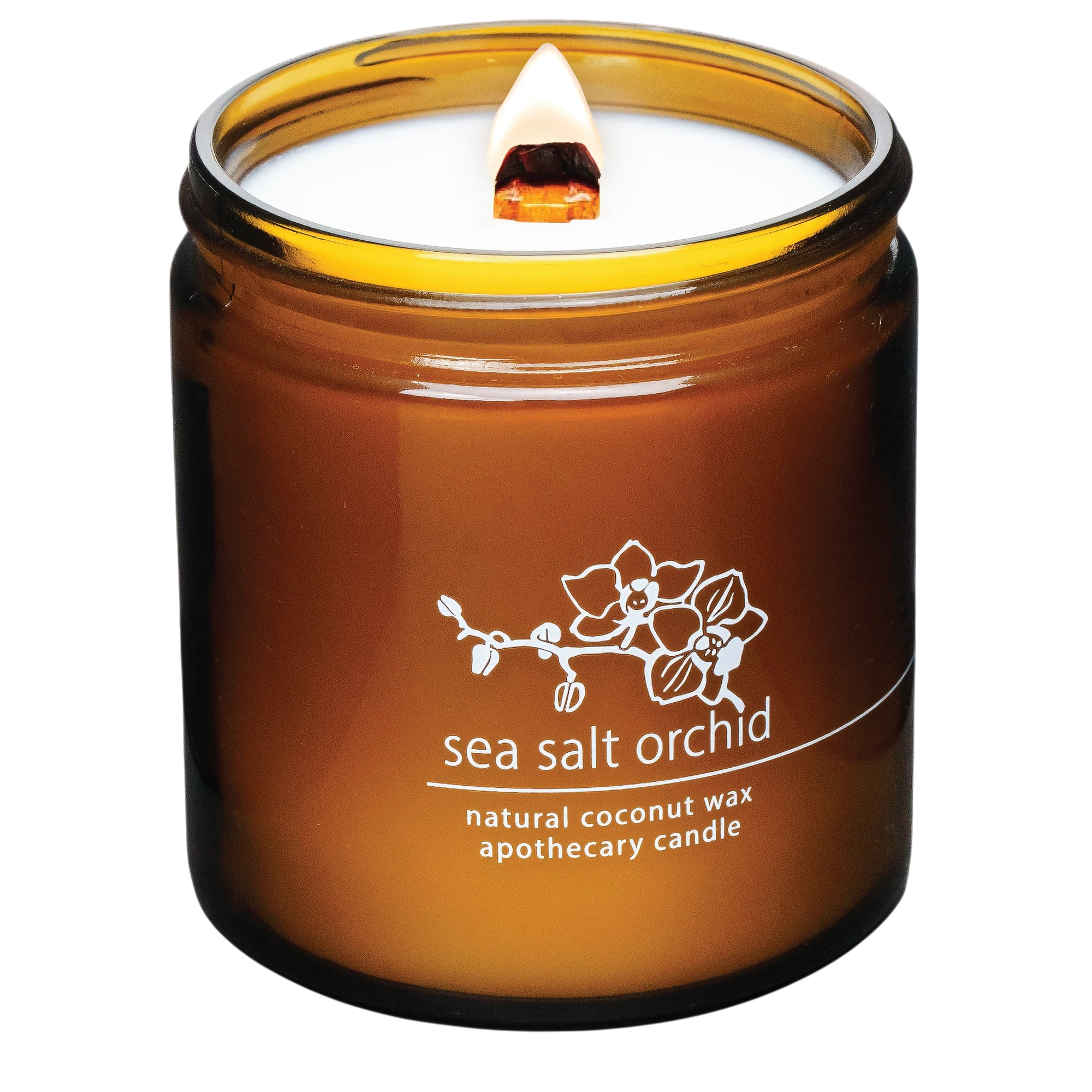 Hemlock Park Sea Salt Orchid apothecary candle in an amber glass jar with a lit wooden wick
