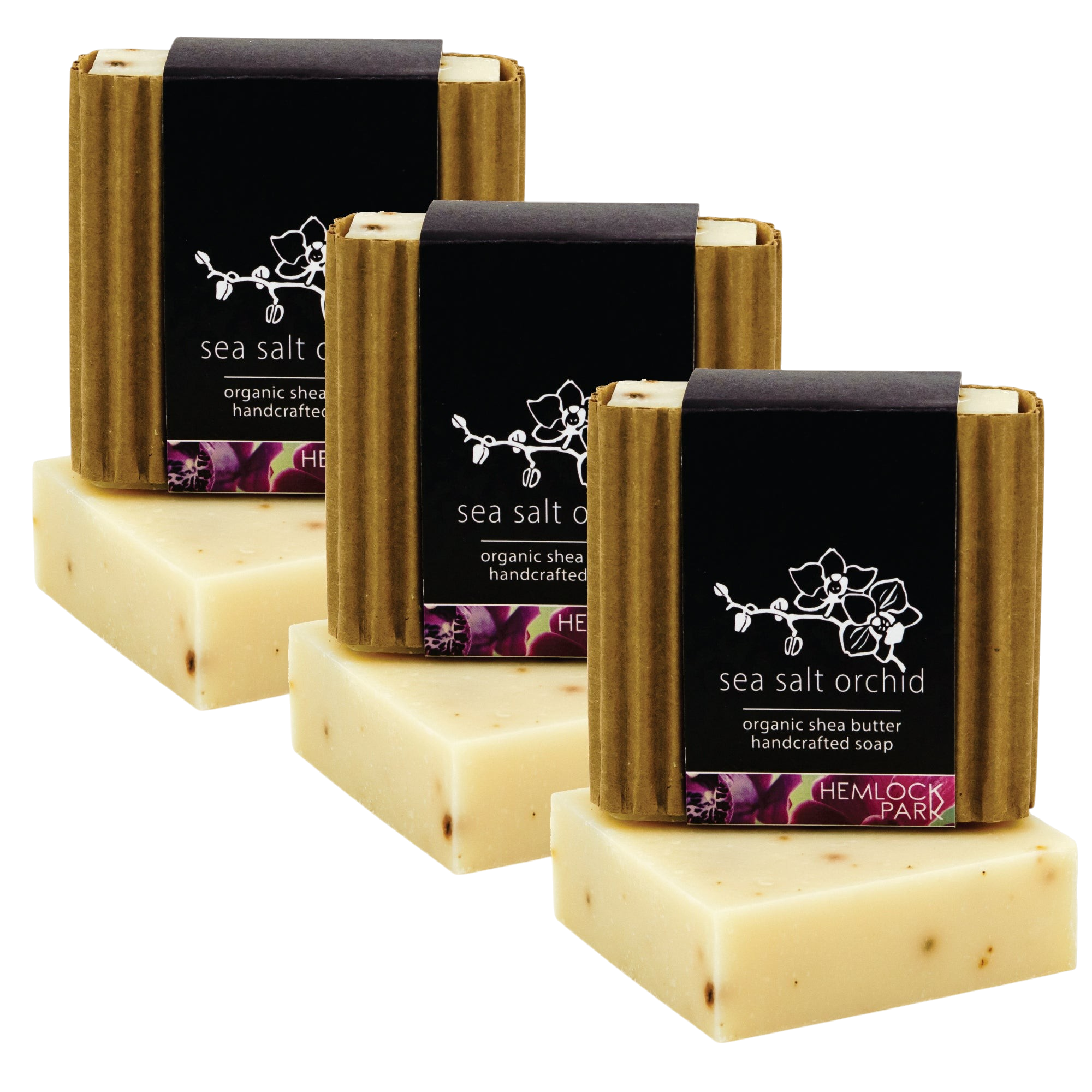 Hemlock Park Sea Salt Orchid bar soap set featuring three handcrafted organic shea butter soaps with floral labels.