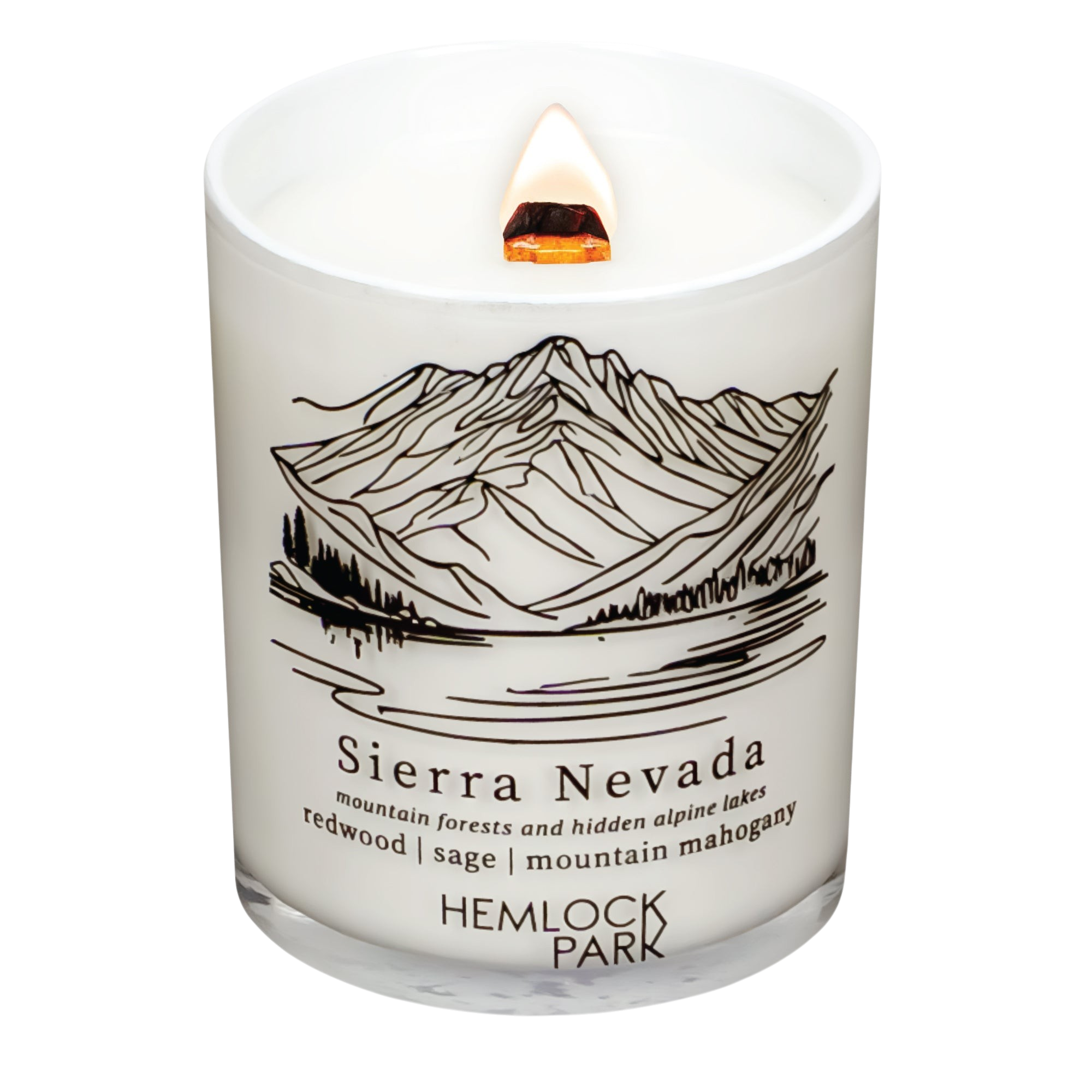 Hemlock Park Sierra Nevada scented candle in a white glass jar with a mountain illustration and wooden wick