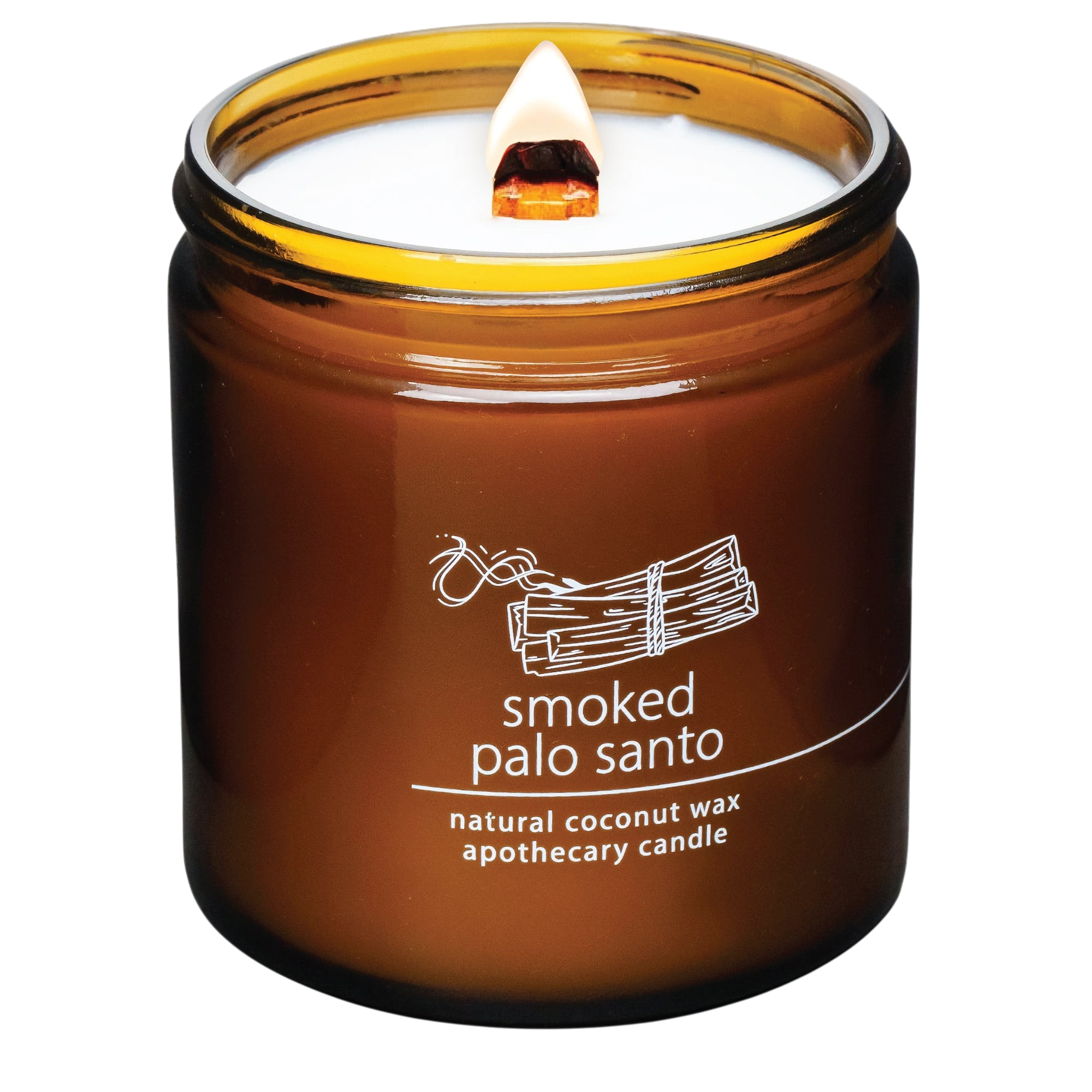 Hemlock Park Smoked Palo Santo apothecary candle in an amber glass jar with a lit wooden wick and white coconut wax.