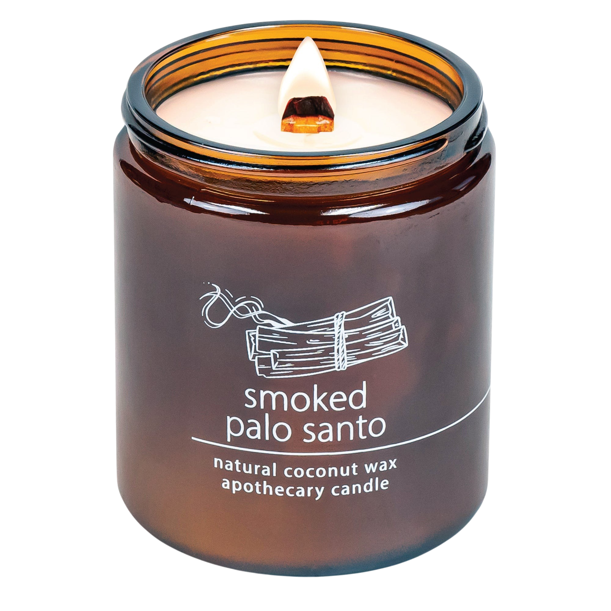 Hemlock Park Smoked Palo Santo apothecary candle in an amber glass jar with a lit wooden wick.