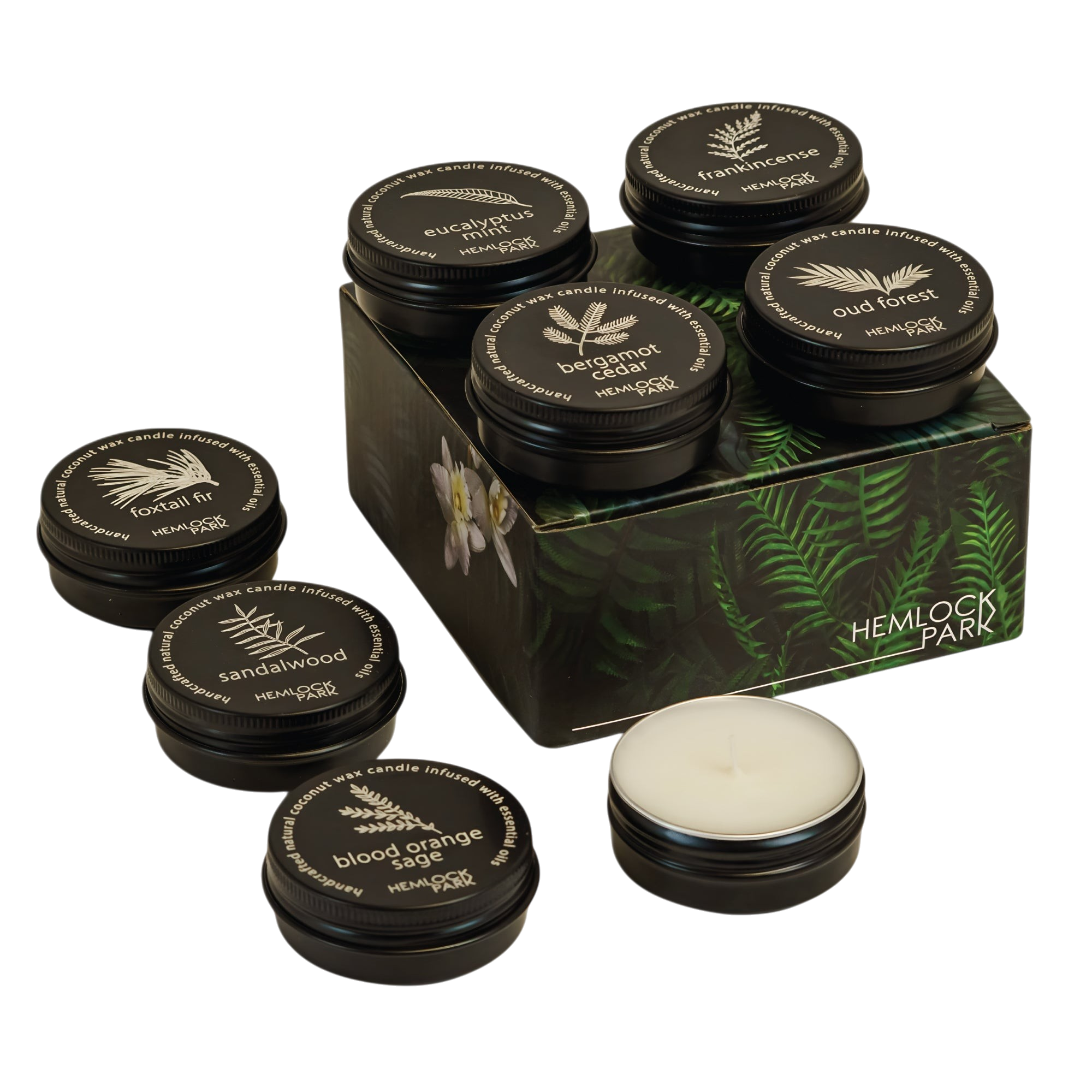 Hemlock Park travel candle set of 8 in black metal tins with coconut wax and essential oil scents in a gift box