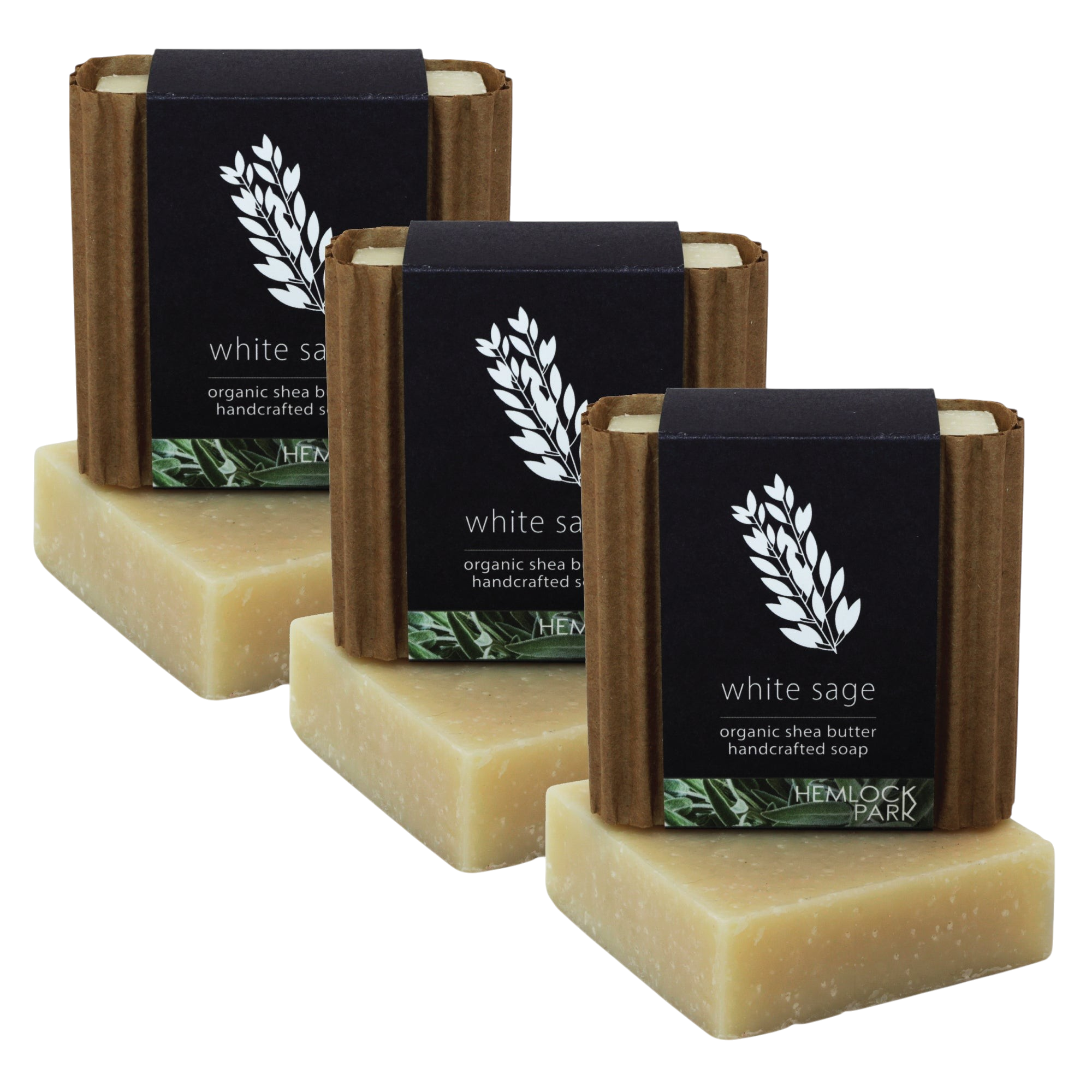 Hemlock Park white sage organic shea butter handcrafted soap bars with black and brown paper packaging