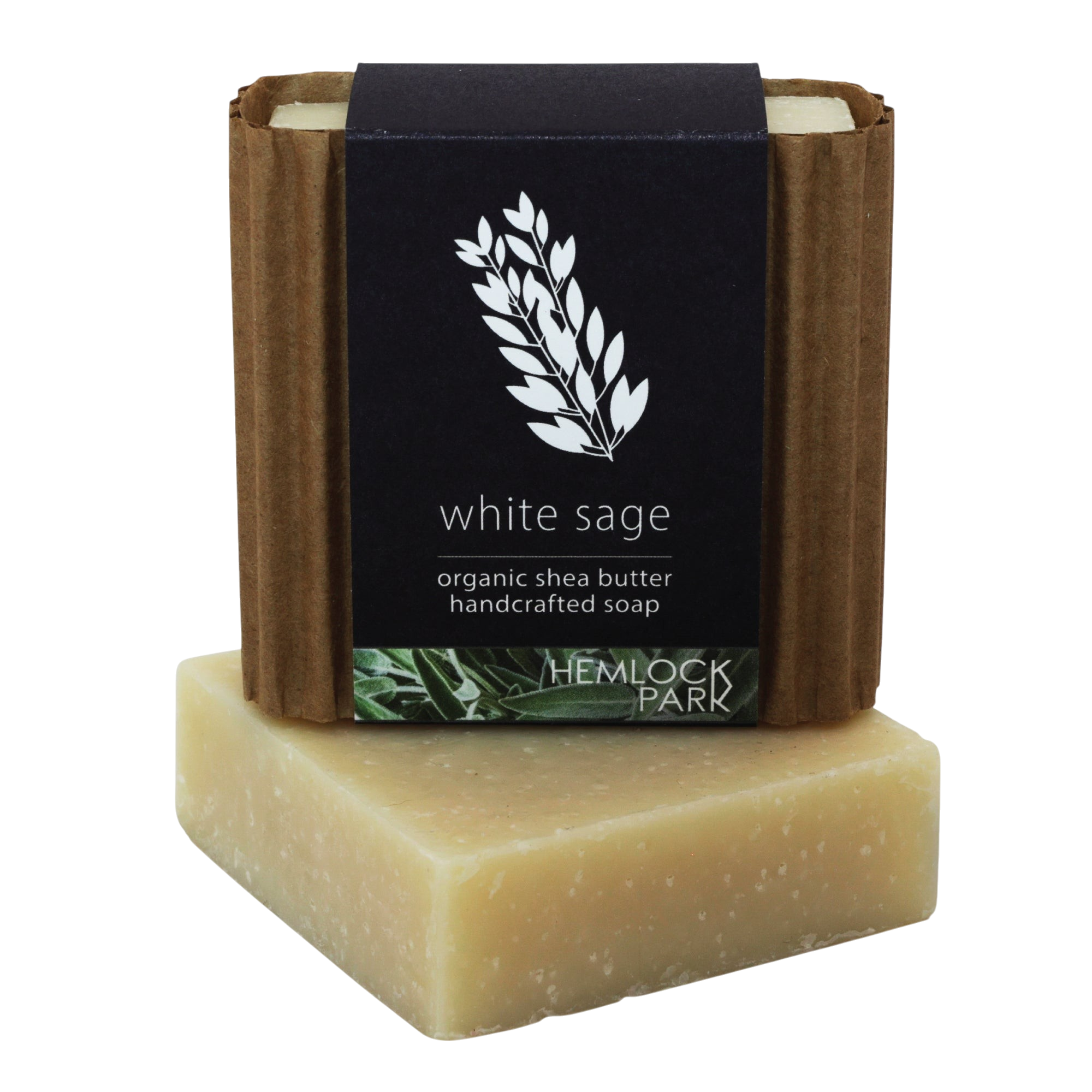 Hemlock Park organic shea butter white sage handcrafted soap bar with rustic brown paper packaging