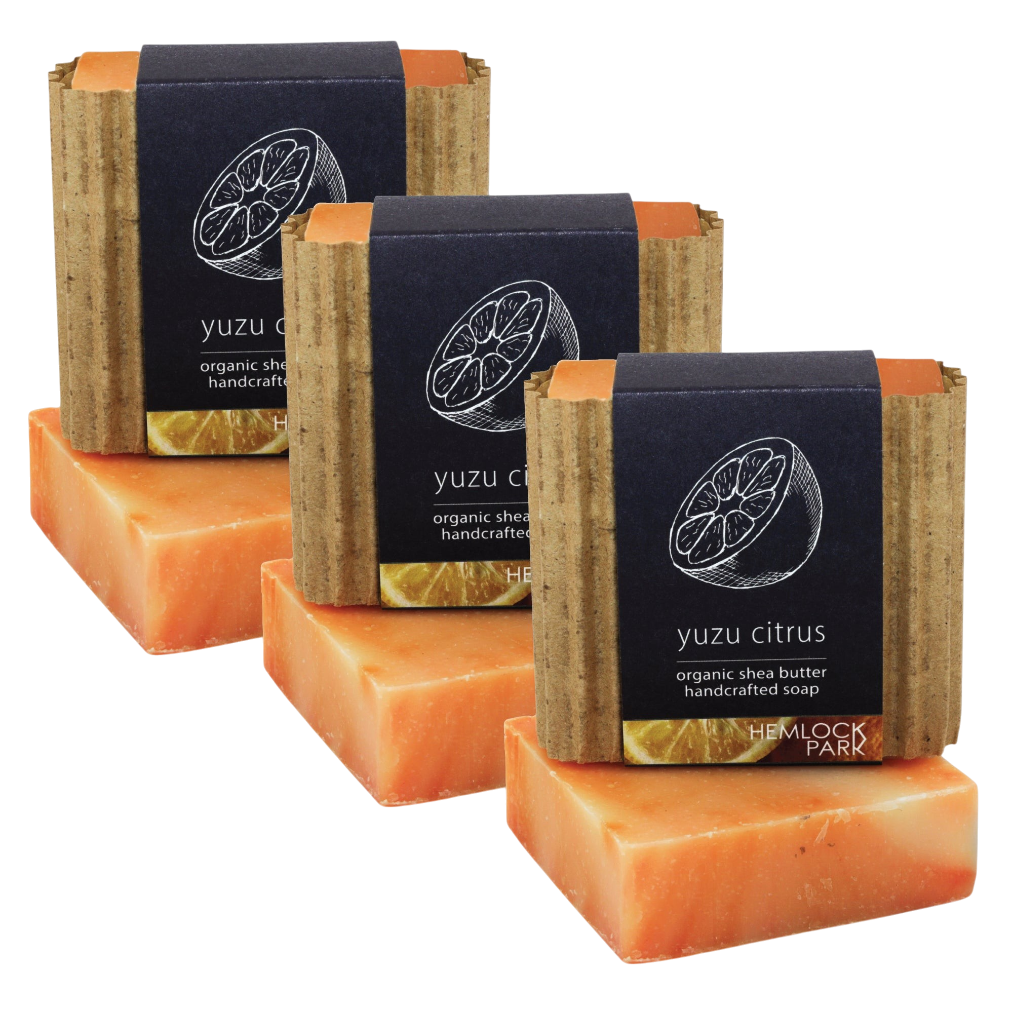 Hemlock Park Yuzu citrus organic shea butter bar soap set with minimalist kraft paper packaging