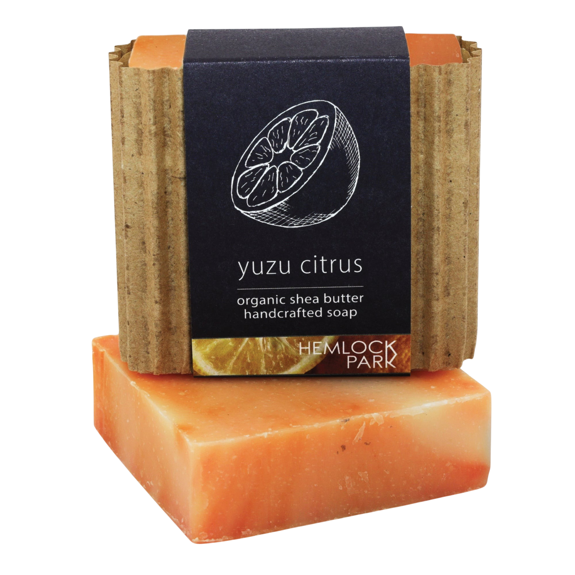 Hemlock Park Yuzu bar soap set featuring orange citrus soap with organic shea butter in sustainable paper packaging.